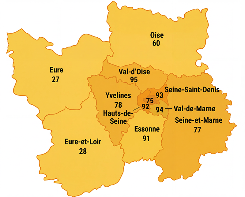 Carte des zones d’intervention BLM : Île-de-France et départements limitrophes